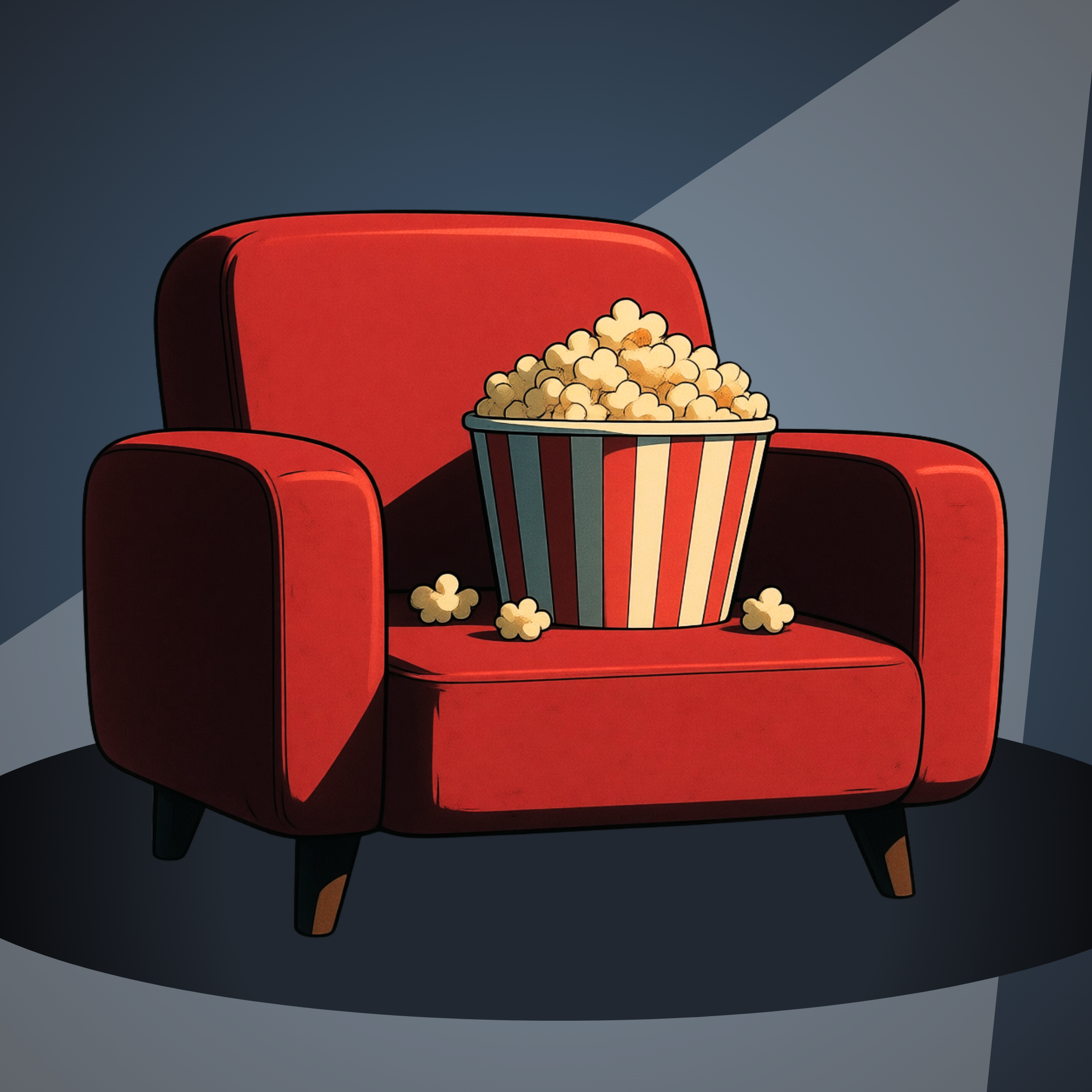 A cosy red cinema armchair with a striped tub of popcorn